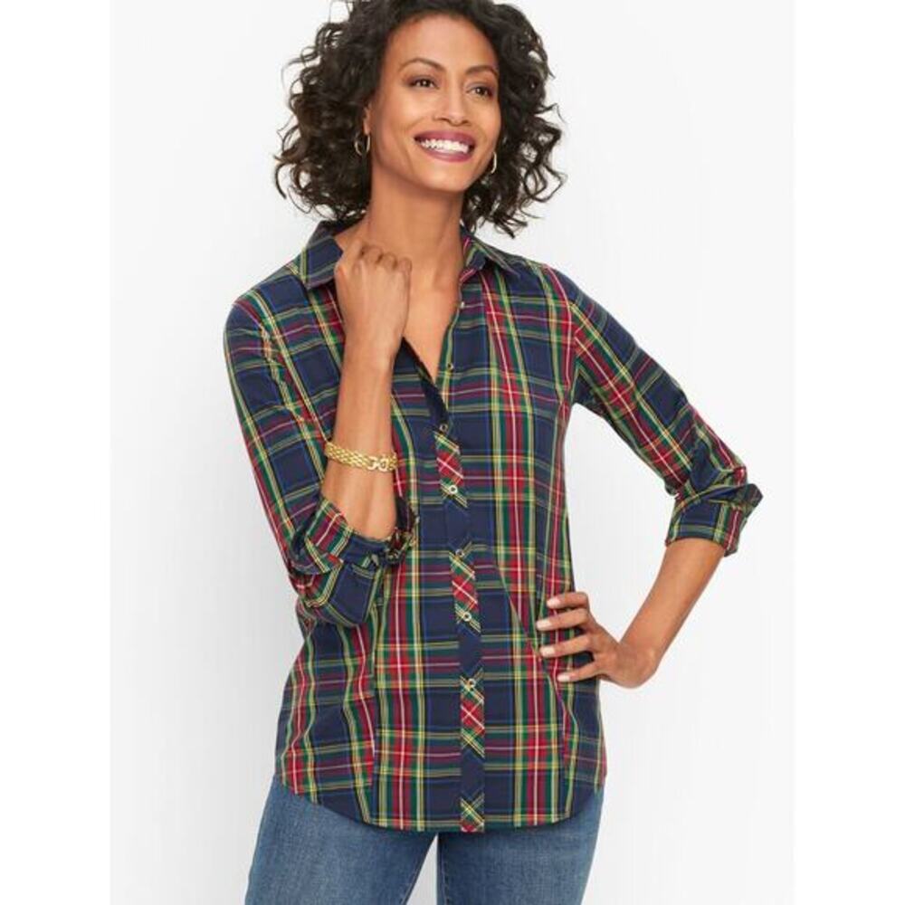 TALBOTS Classic Shirt Scenic‎ Plaid Gold Buttons Size 12P (g-233)